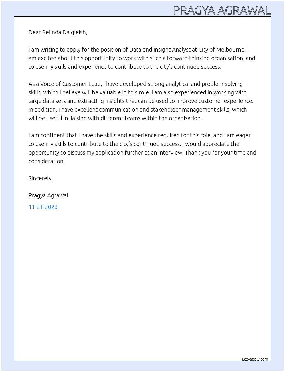 Cover letter for data and insight analyst - LazyApply