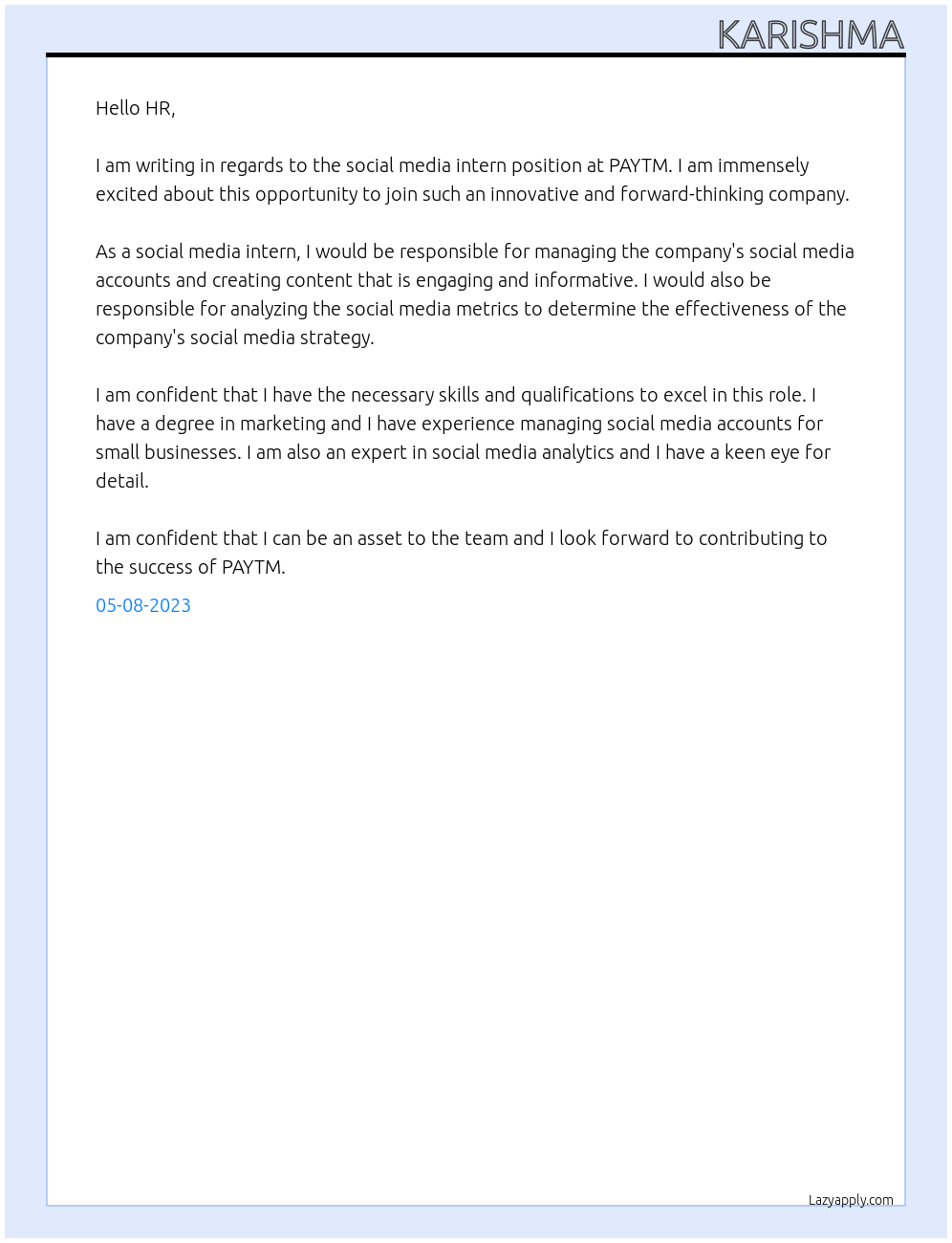 social media intern At paytm Cover Letter