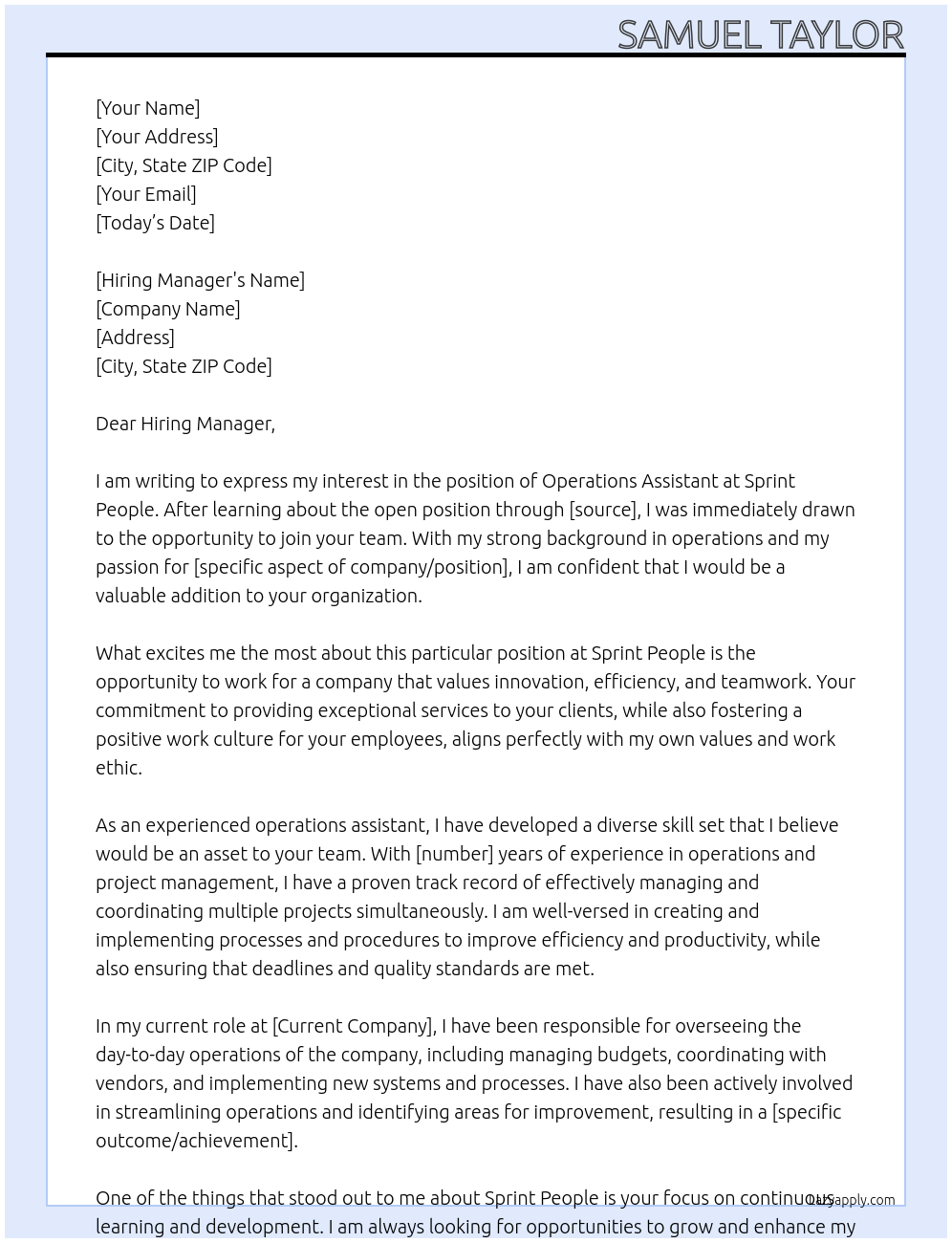 Operations assistant At Sprint people Cover Letter