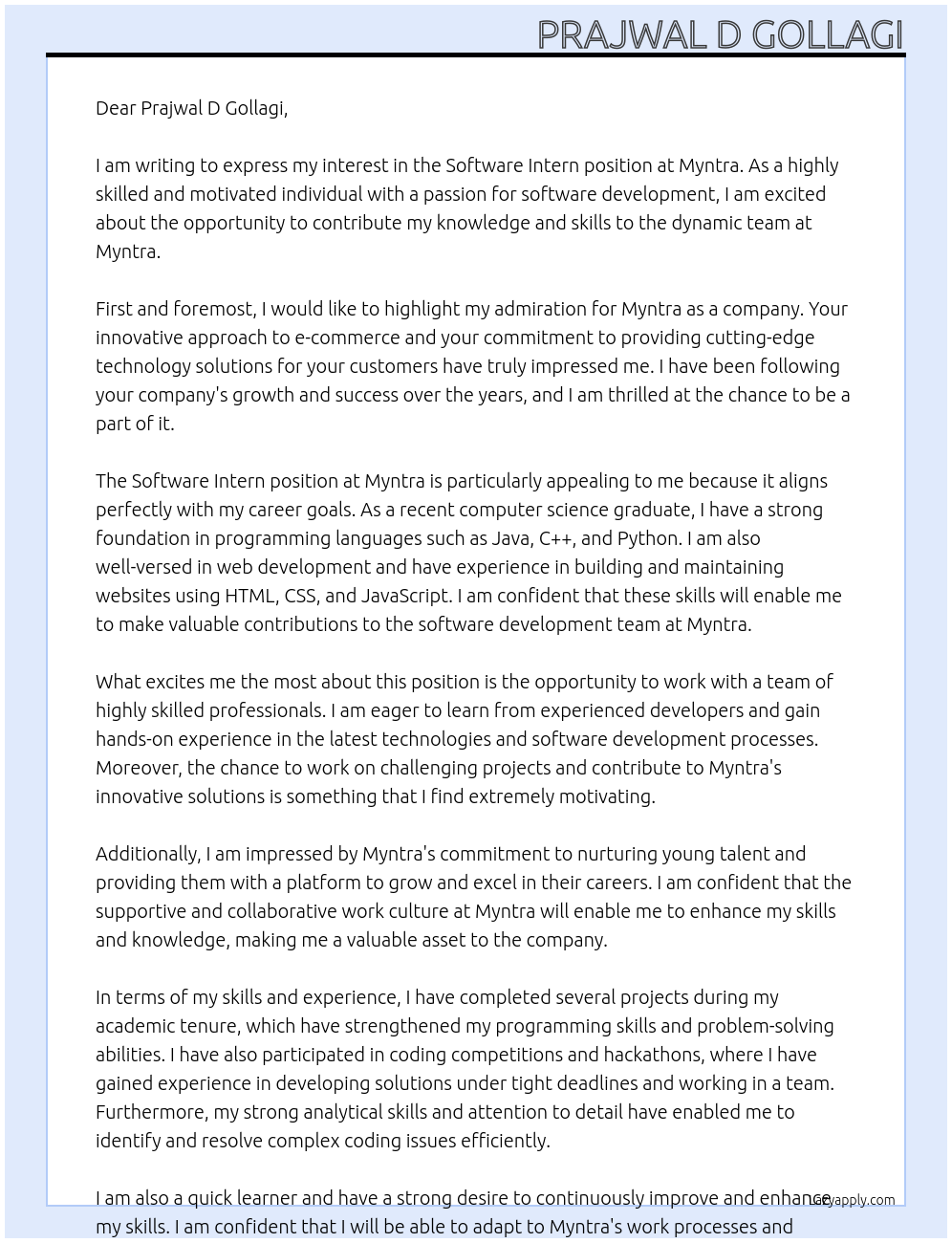 Software intern At MYNTRA Cover Letter