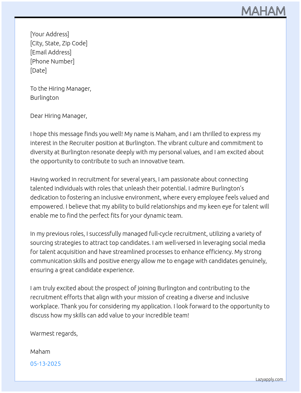 Recruiter At Burlington Cover Letter