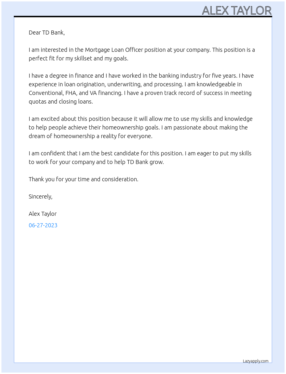 Mortgage Loan Officer At TD Bank Cover Letter