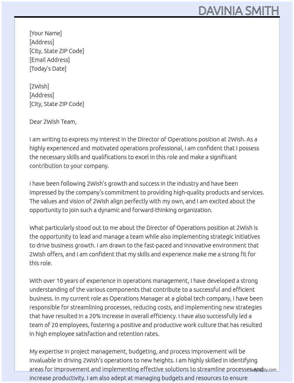 Director of Operations At 2Wish Cover Letter