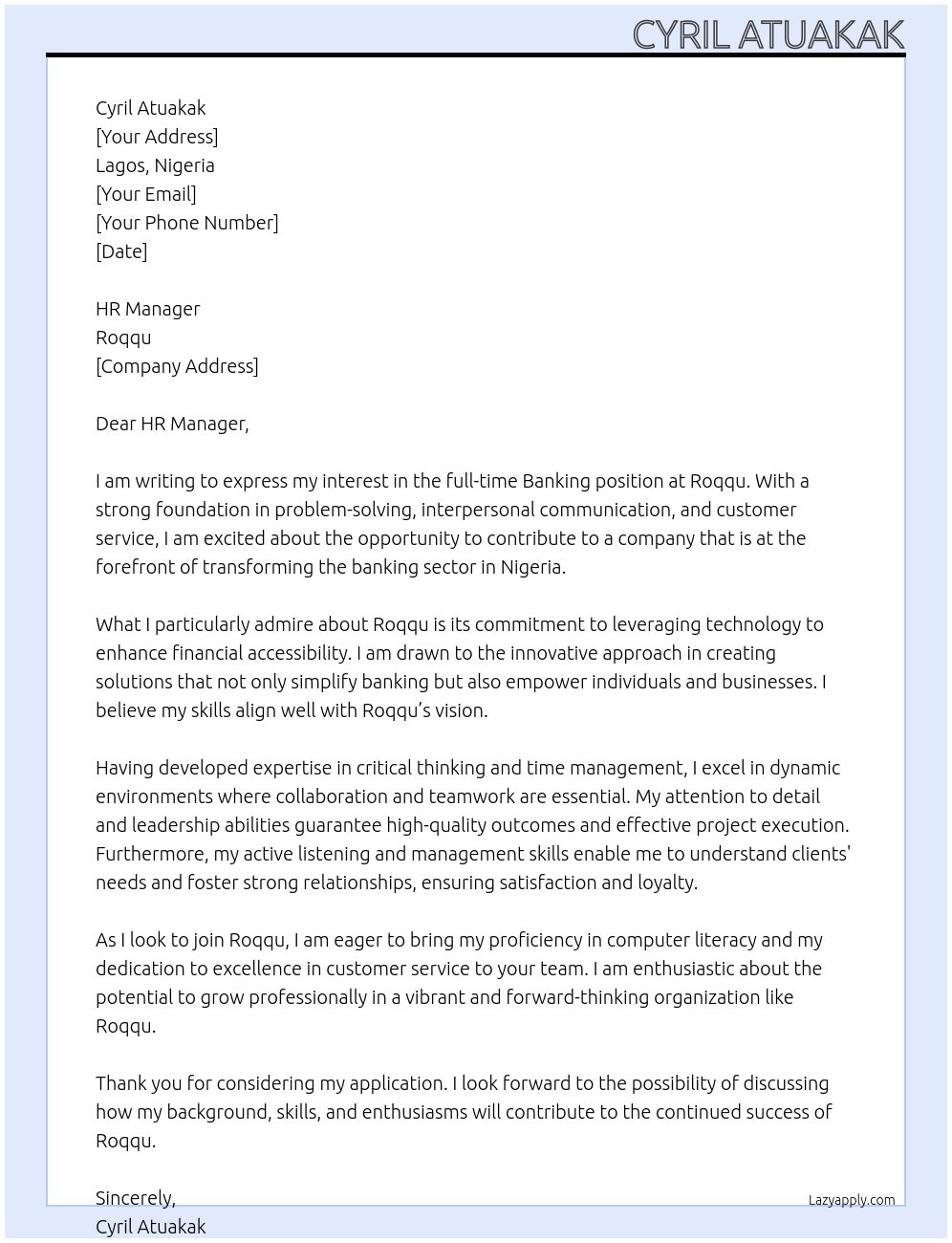 Banking At Roqqu Cover Letter