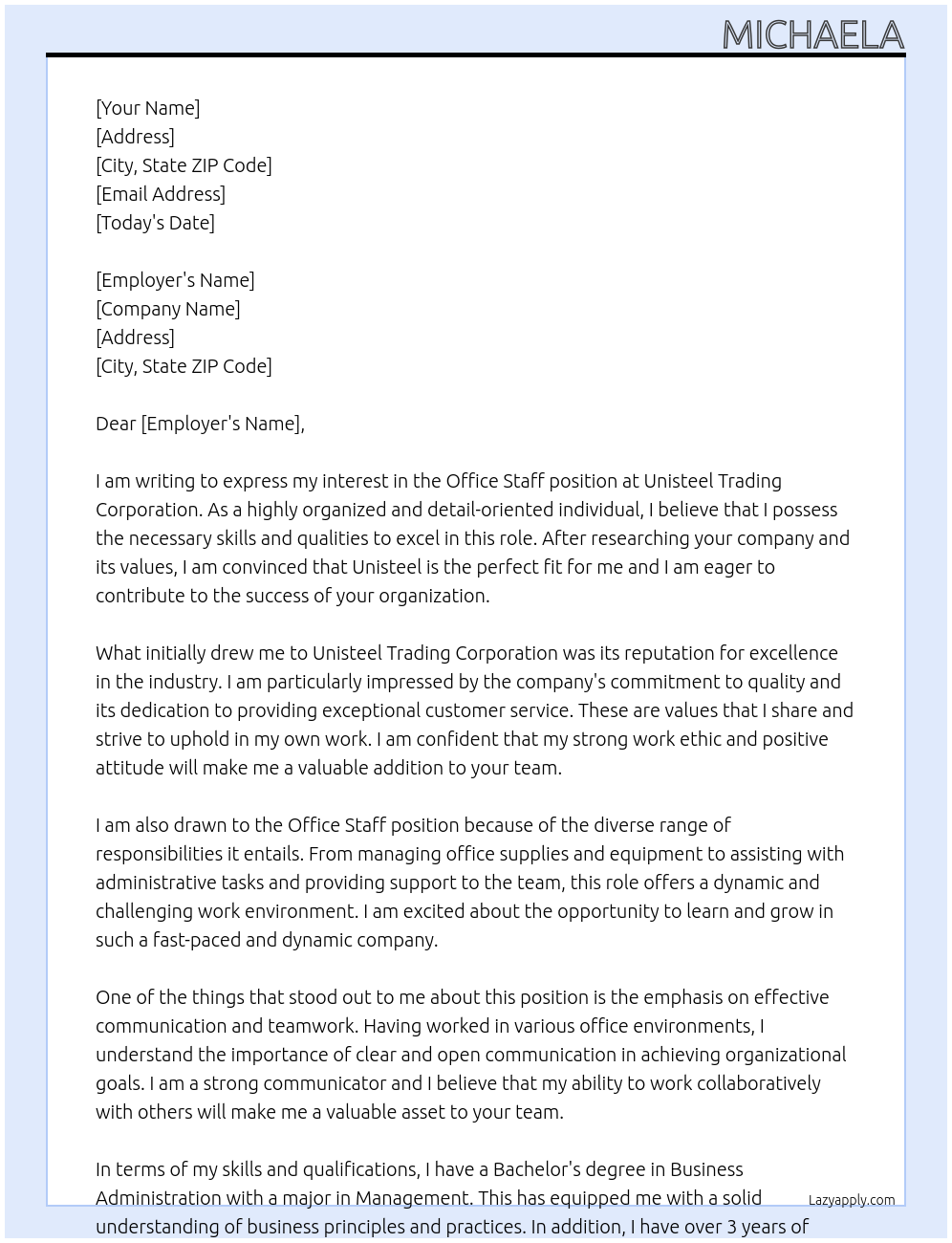 Office staff At Unisteel trading corporation Cover Letter