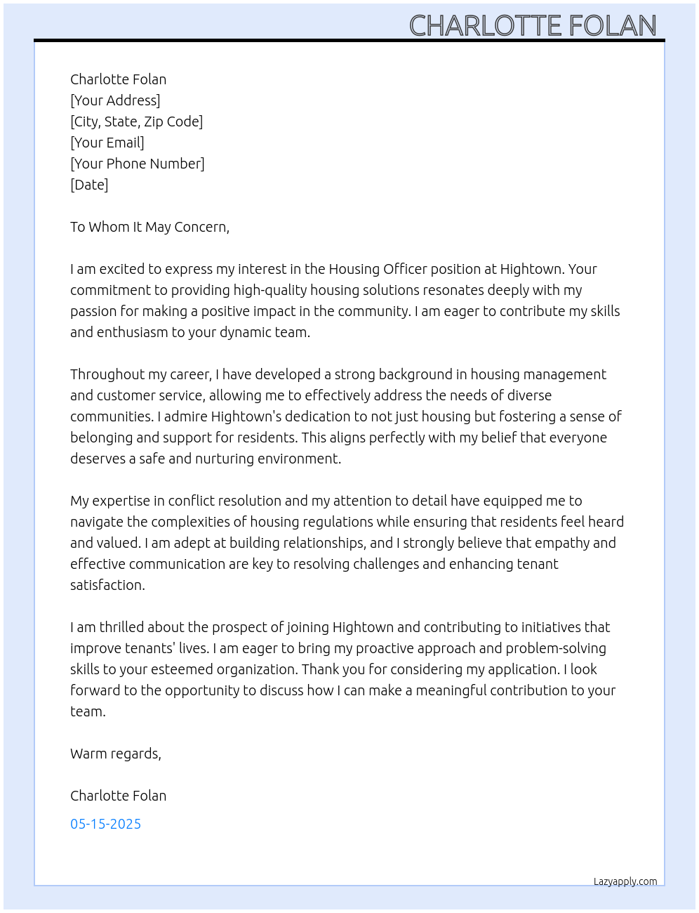 Cover letter for housing officer - LazyApply