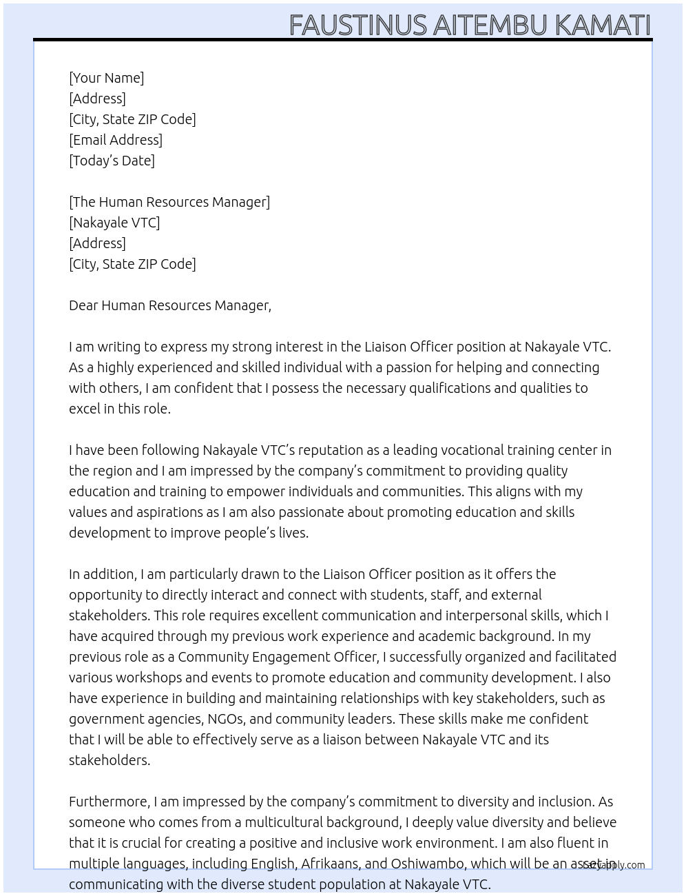 Liaison Officer At Nakayale VTC Cover Letter