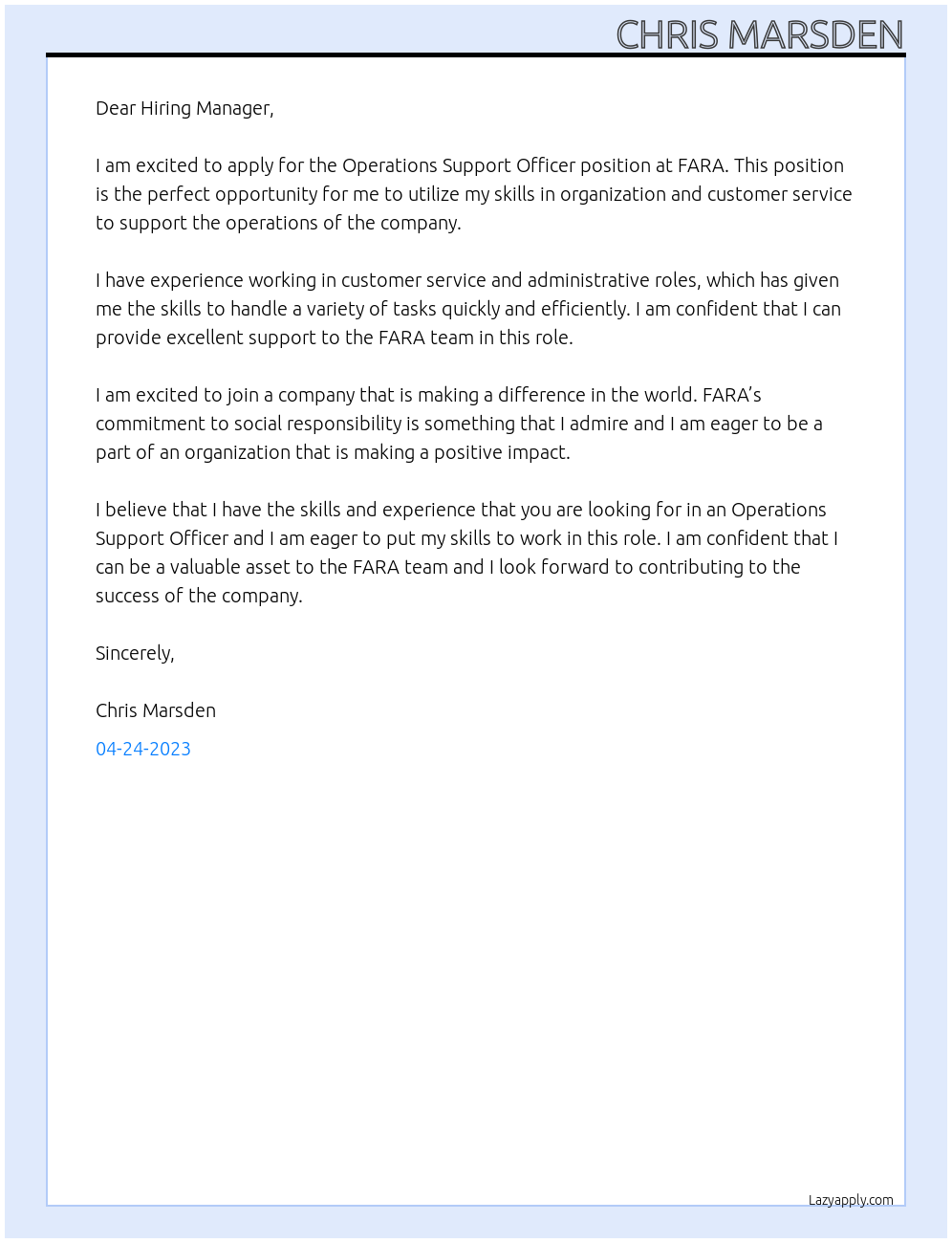 operations support officer At fara Cover Letter