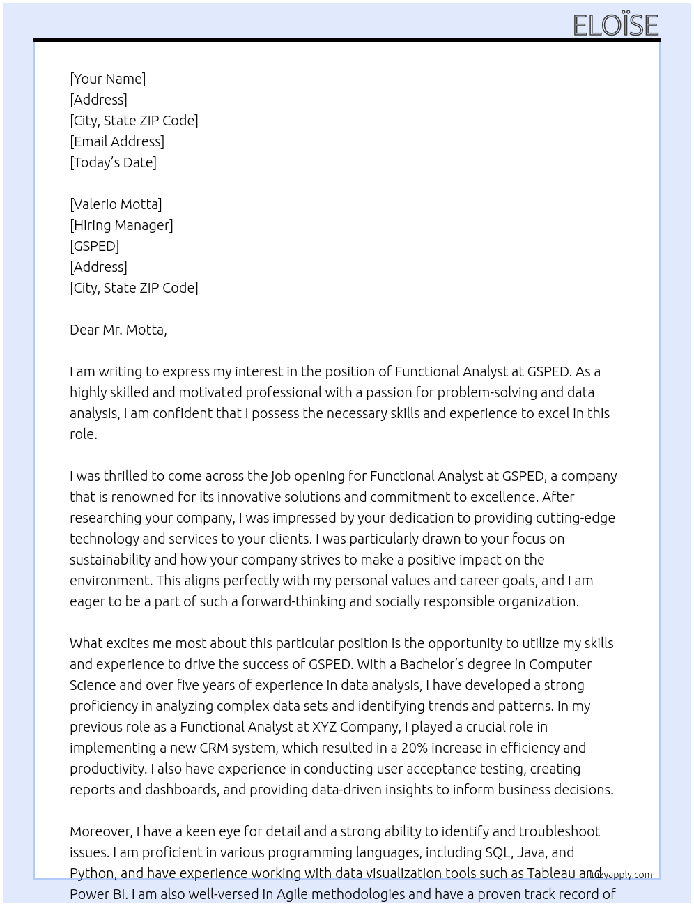 Functional analyst At GSPED Cover Letter