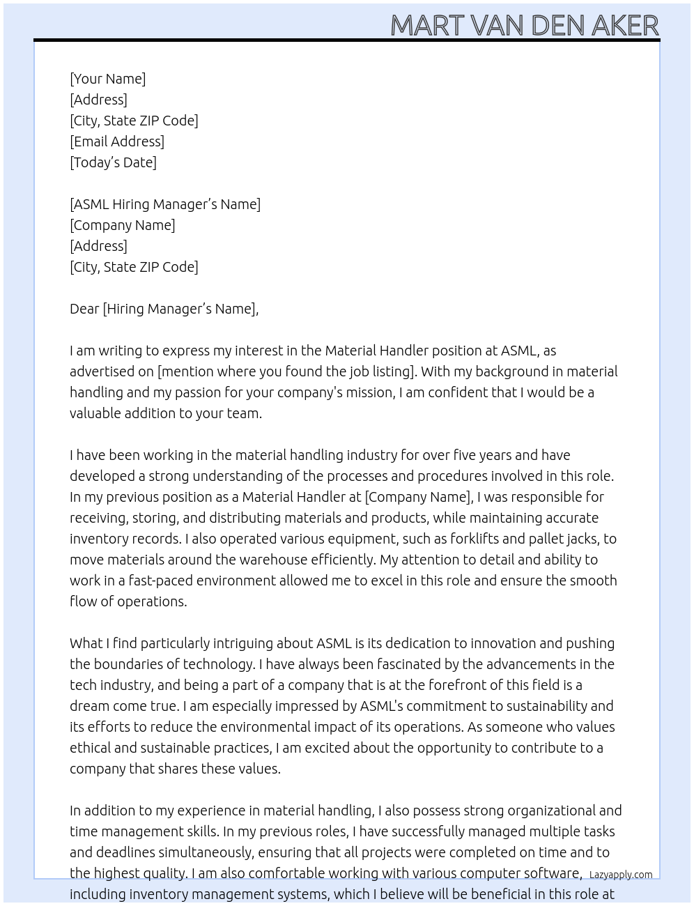 Material Handler At AMSL Cover Letter