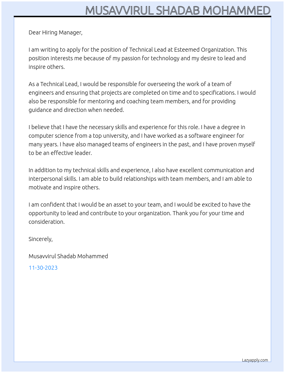 Technical Lead At Esteemed Organization Cover Letter