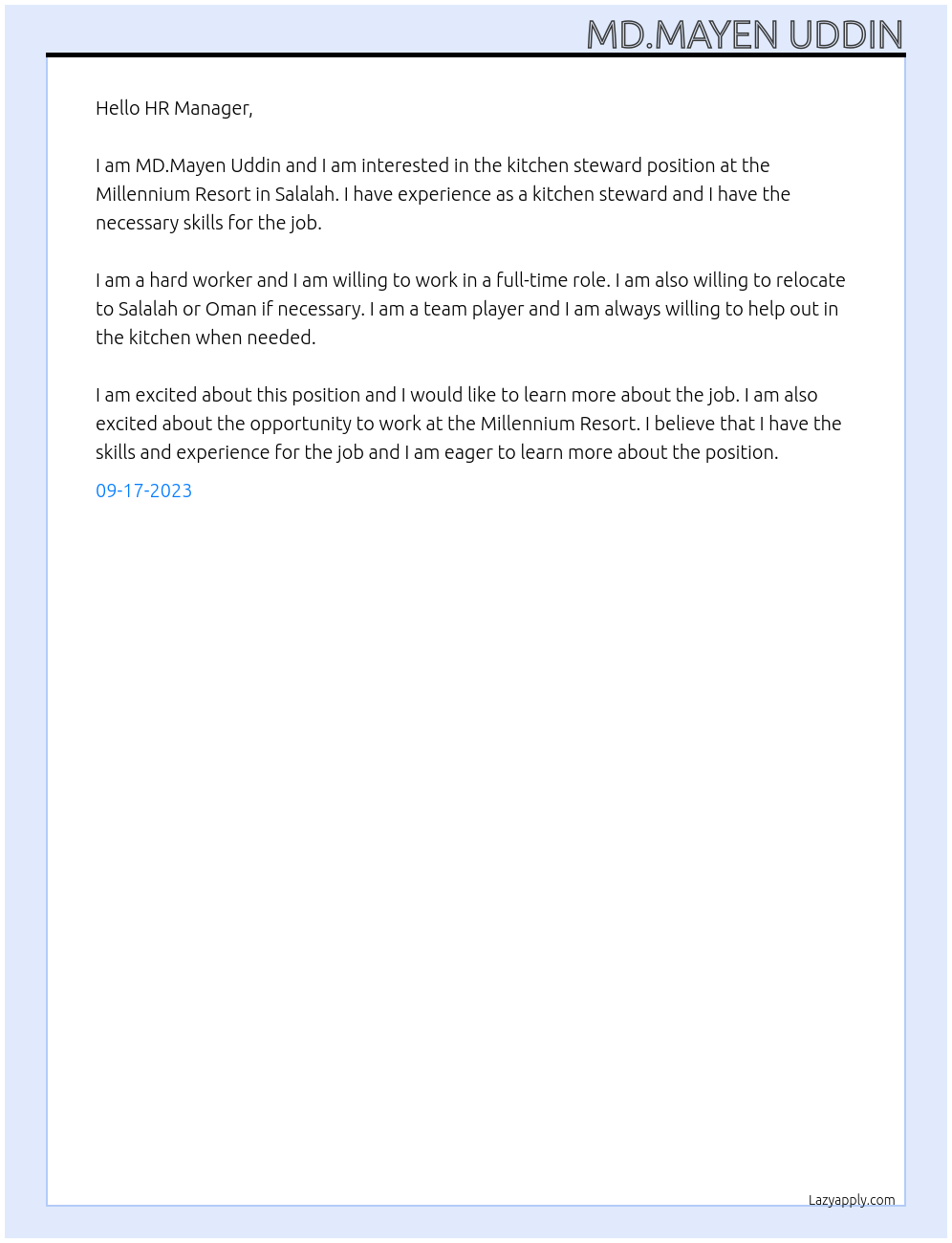 kitchen steward At millennium resot,salalah Cover Letter