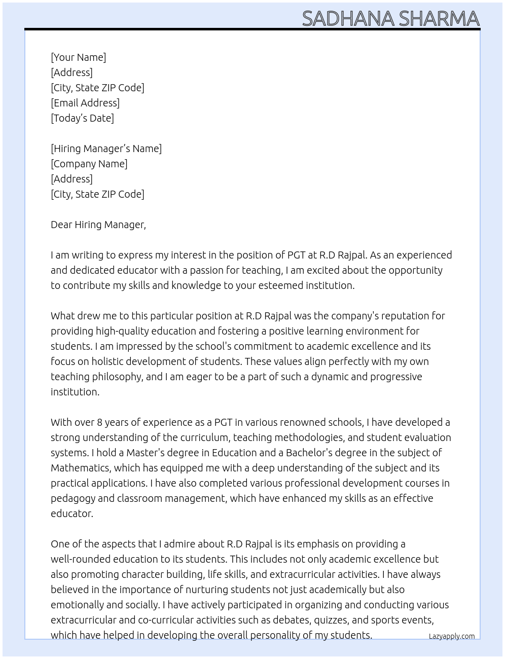 PGT At R.D Rajpal Cover Letter