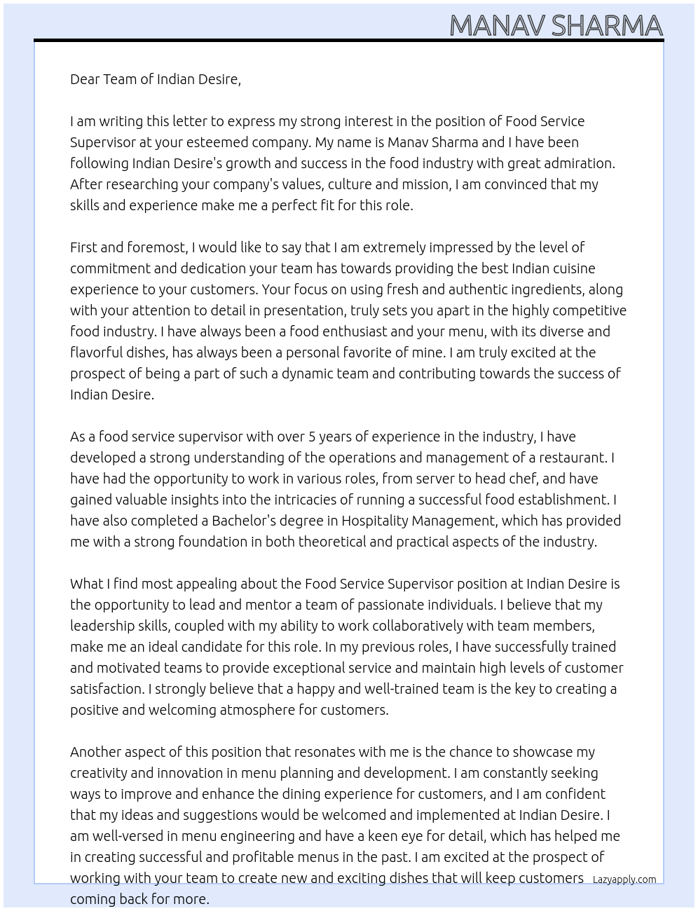 food service supervisor At Indian desire Cover Letter