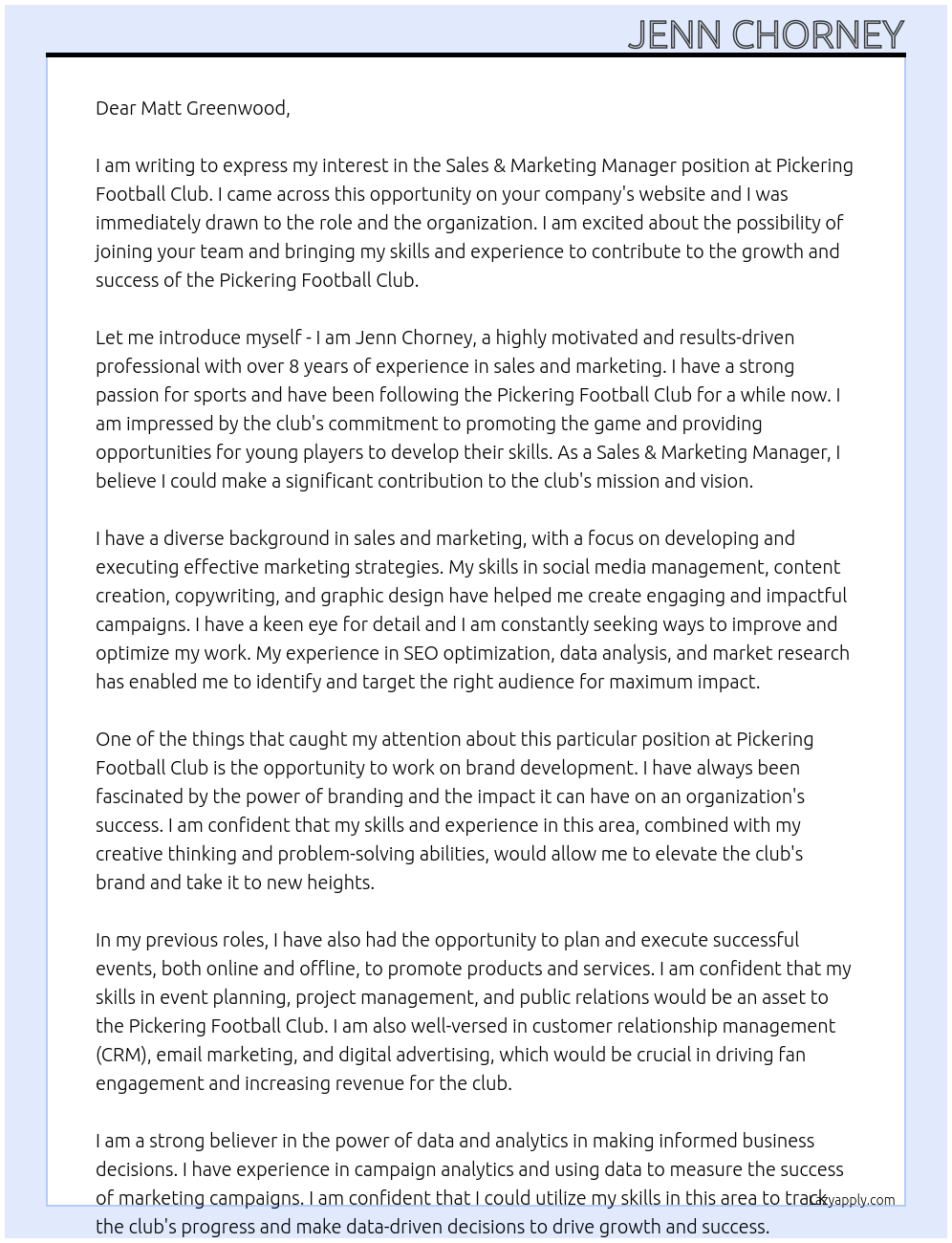 Sales & Marketing Manager At Pickering Football Club Cover Letter