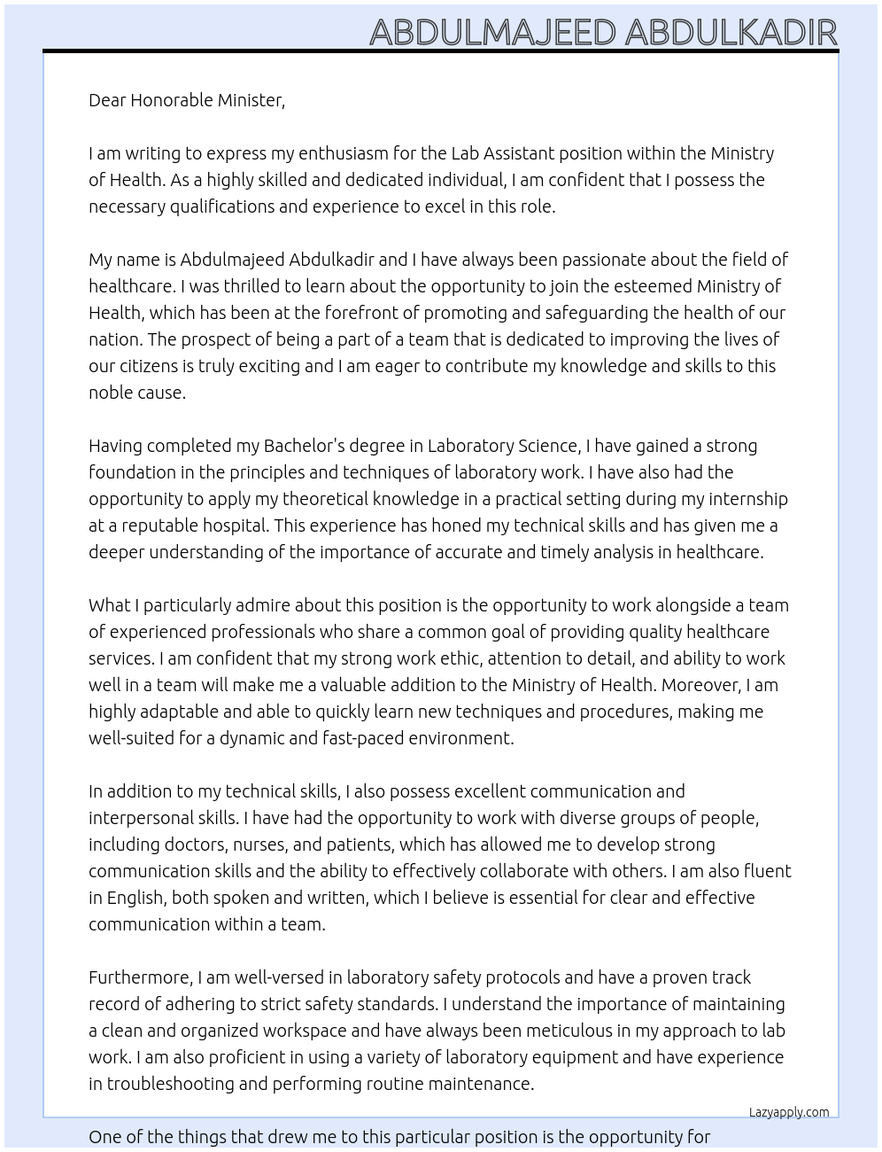 Lab Assistant At Ministry of health Cover Letter