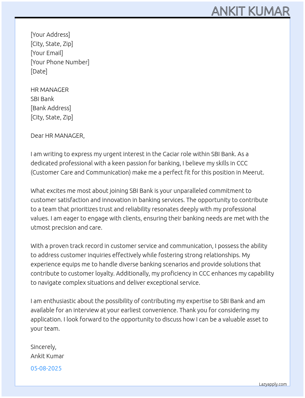 Banking At SBI Bank Cover Letter