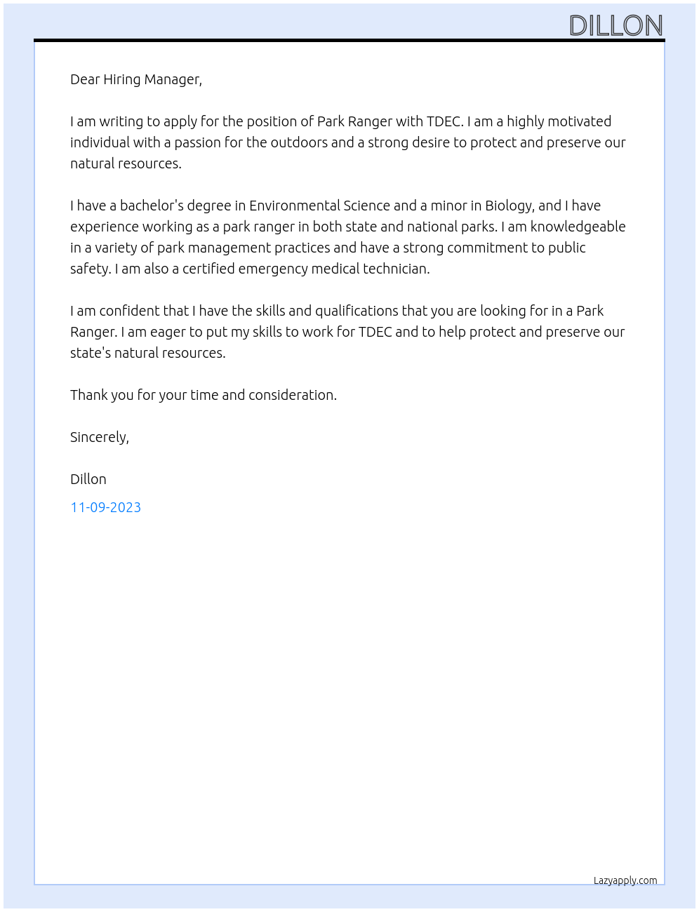 Park Ranger At TDEC Cover Letter