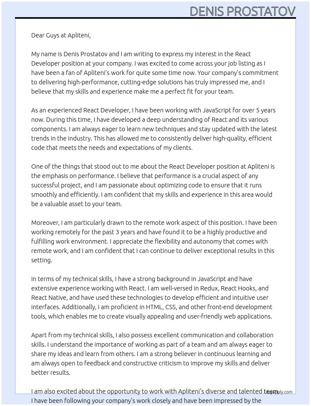 React developer At apliteni Cover Letter