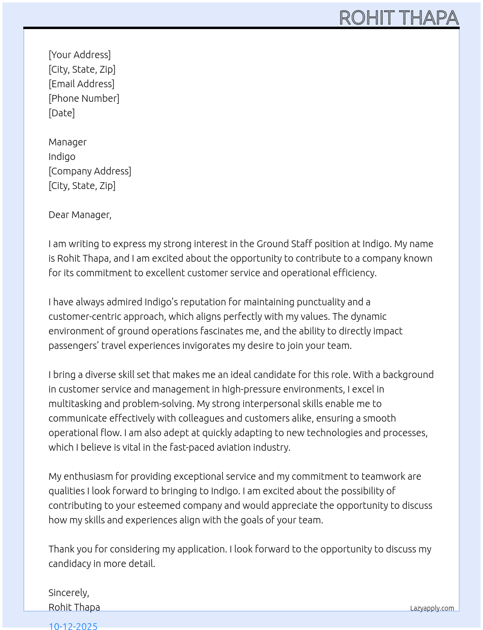 Ground staff At Indigo Cover Letter