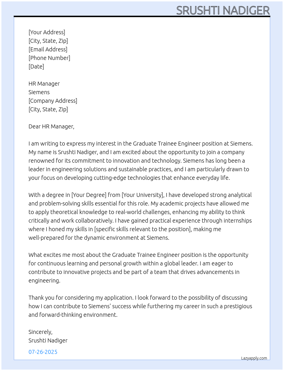 Graduate Trainee Engineer At Seimens Cover Letter