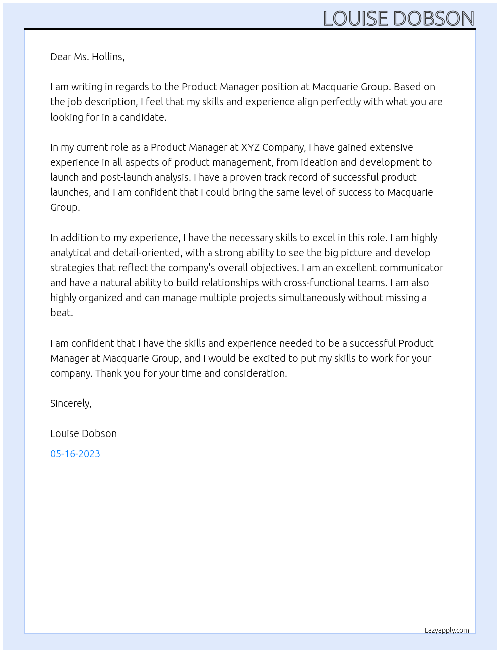 Product manager At Macquarie Group Cover Letter