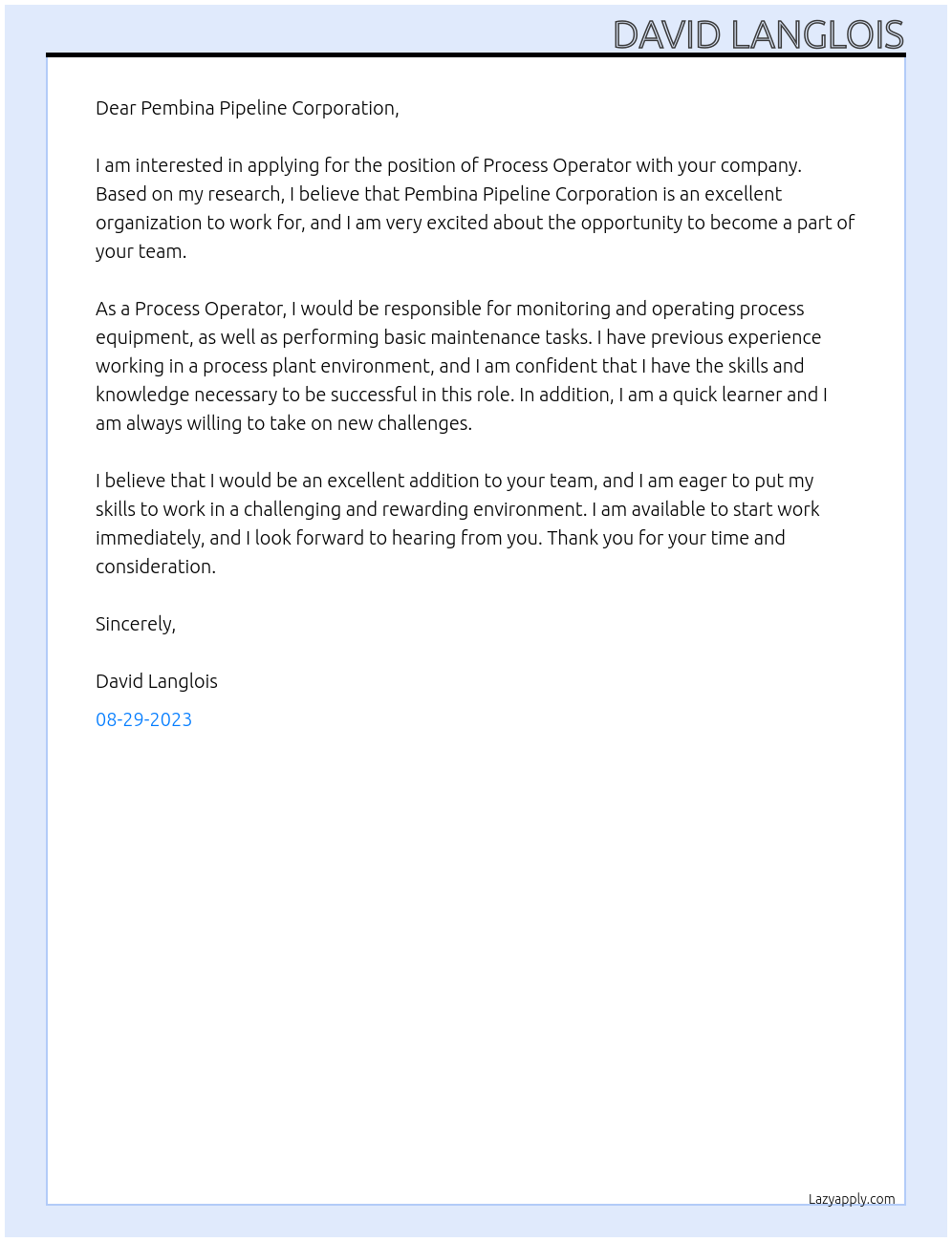 Process Operator At Pembina Pipeline Corporation Cover Letter