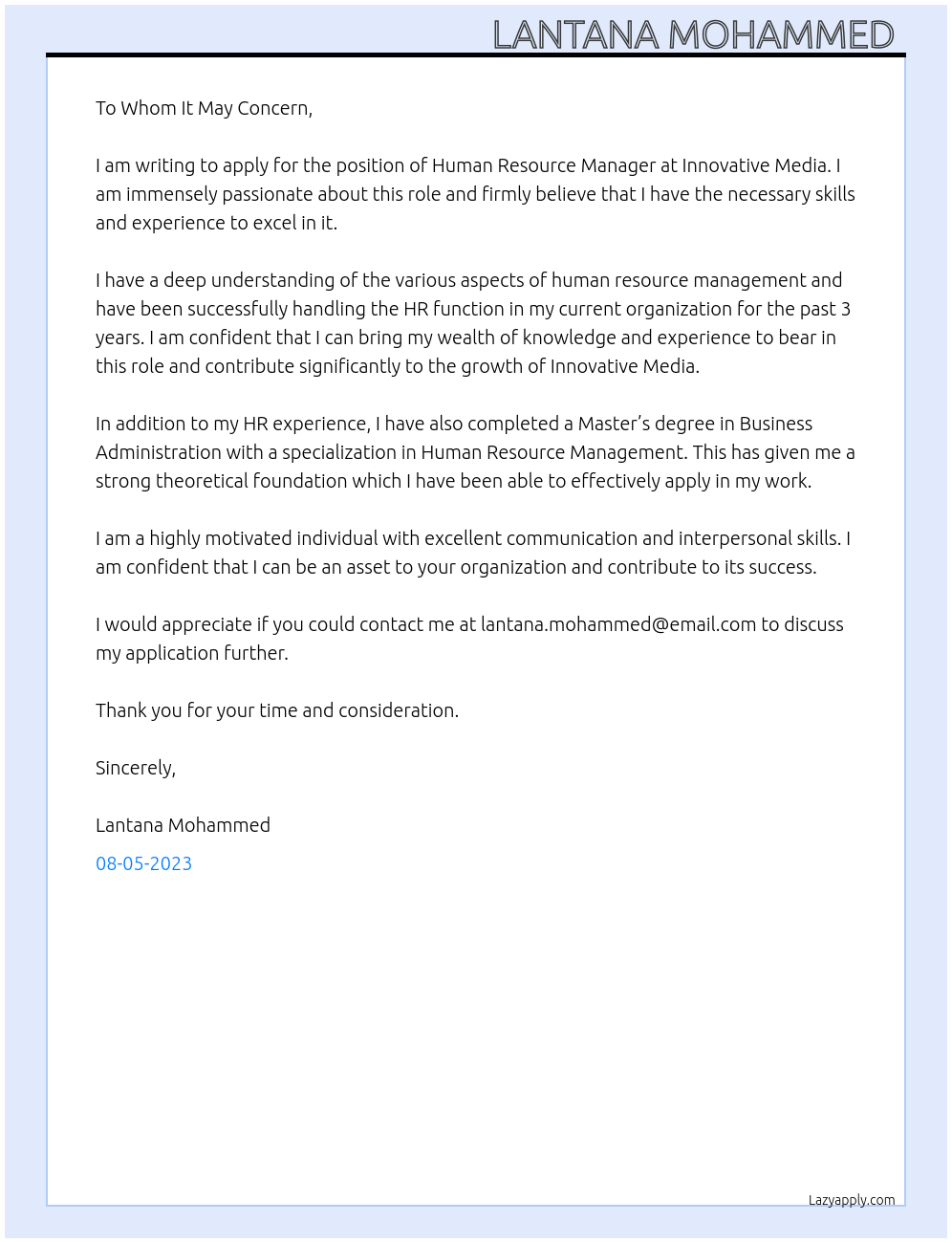 Human Resource Manager At Innovative Media Cover Letter