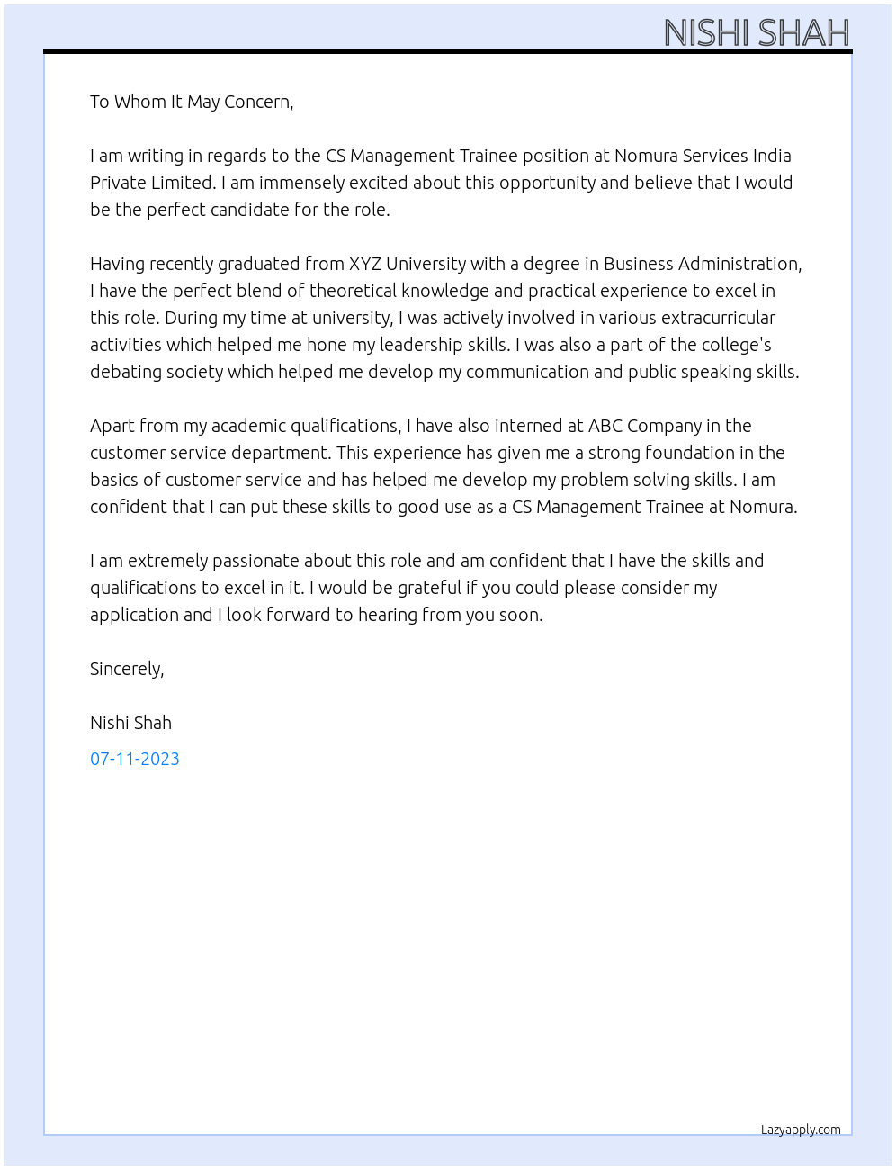 CS Management Trainee  At Nomura services India private limited  Cover Letter