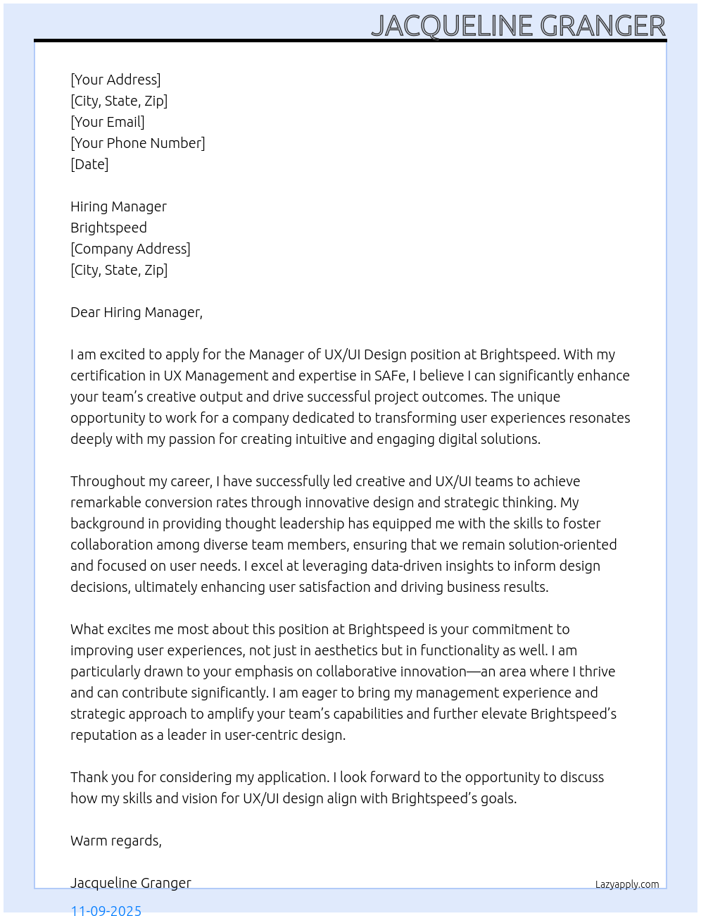 Manager of UX/UI Design At Brightspeed Cover Letter