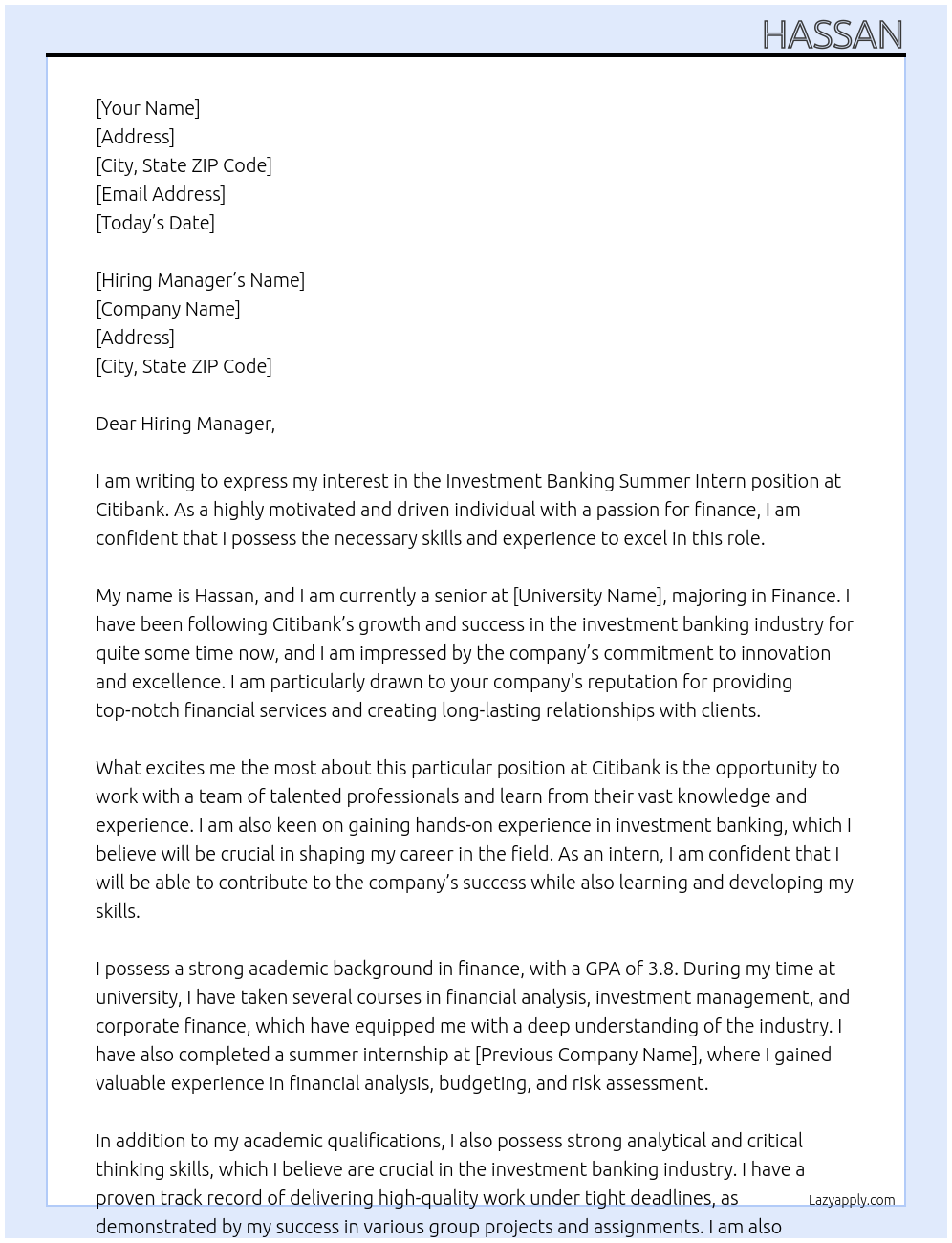 Investment Banking Summer Intern At Citibank Cover Letter