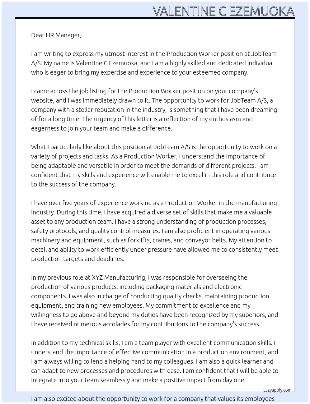 Production worker At JobTeam A/S Cover Letter