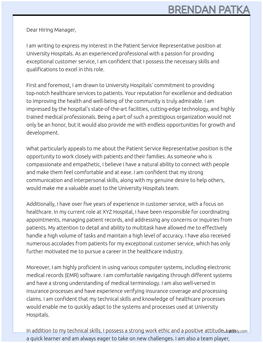 Patient Service Representative At University Hospitals Cover Letter