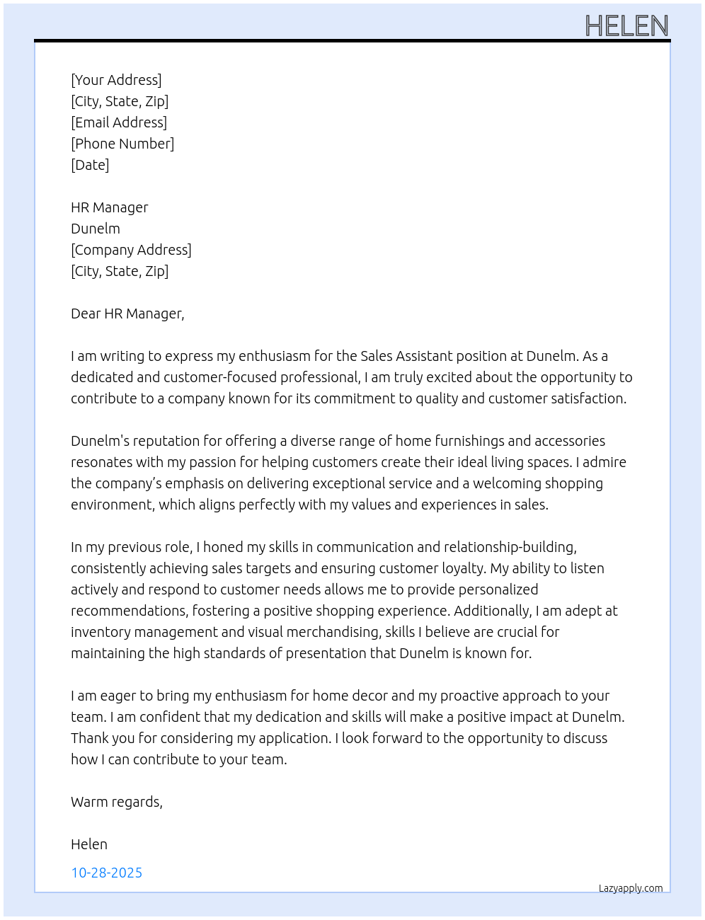 Sales assistant At Dunelm Cover Letter