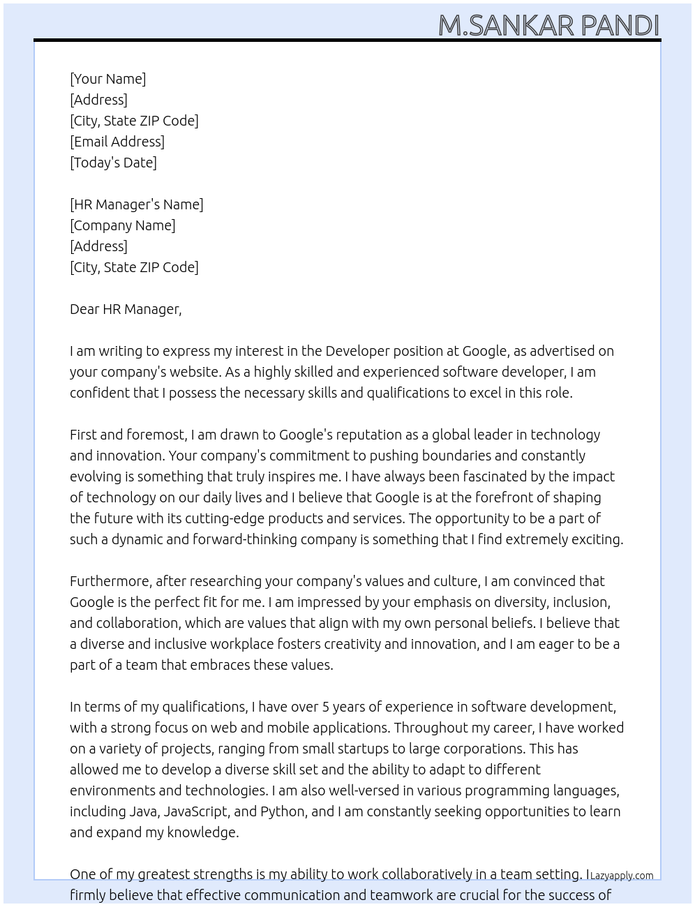 Developer At Google Cover Letter