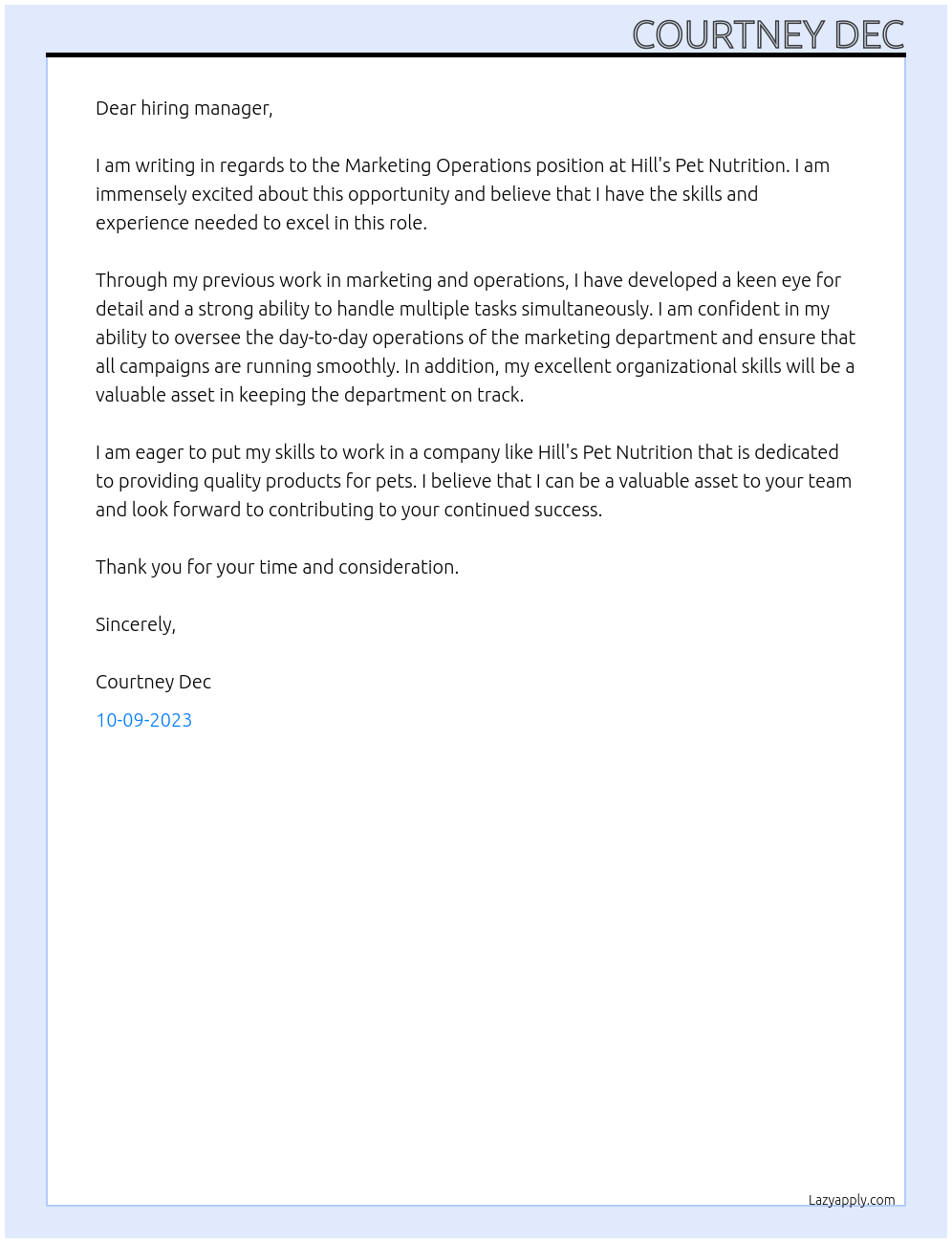 Marketing Operations At Hill's Pet Nutrition Cover Letter