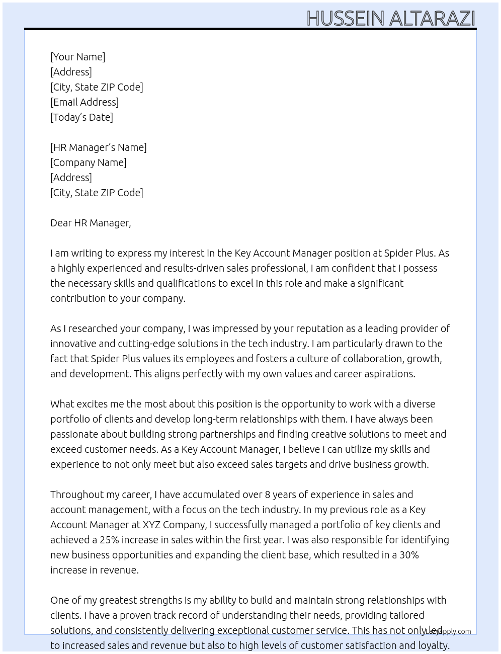 Key account manager  At Spider Plus Cover Letter