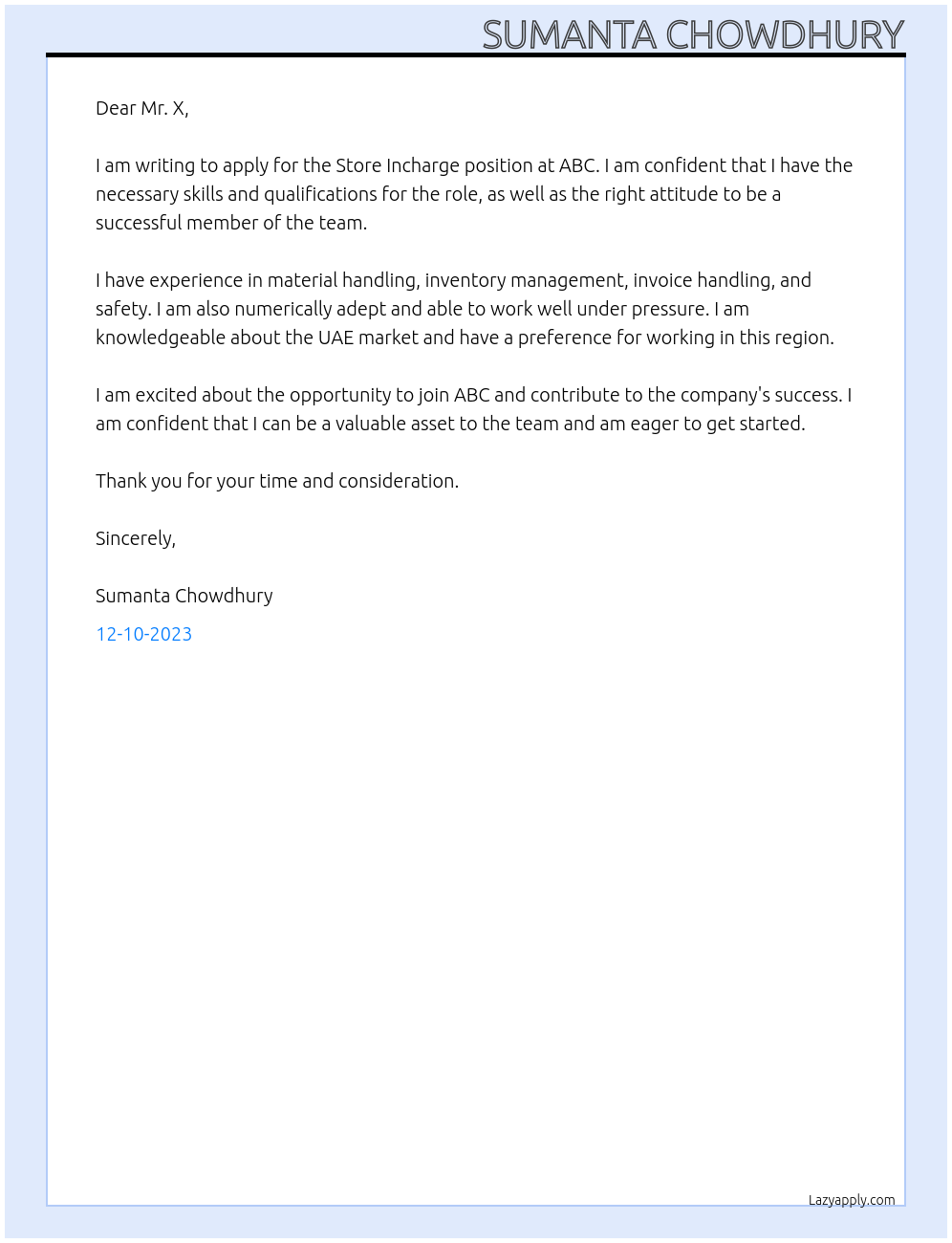 Store Incharge At ABC Cover Letter