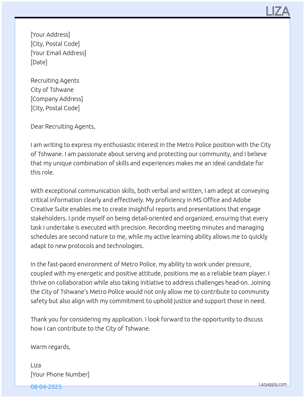 Metro Police  At City of Tshwane Cover Letter