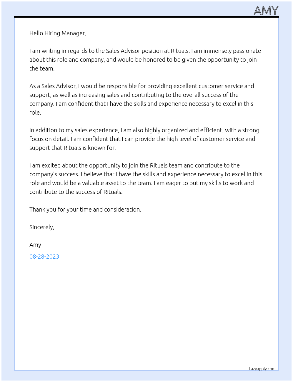 sales advisor At rituals Cover Letter