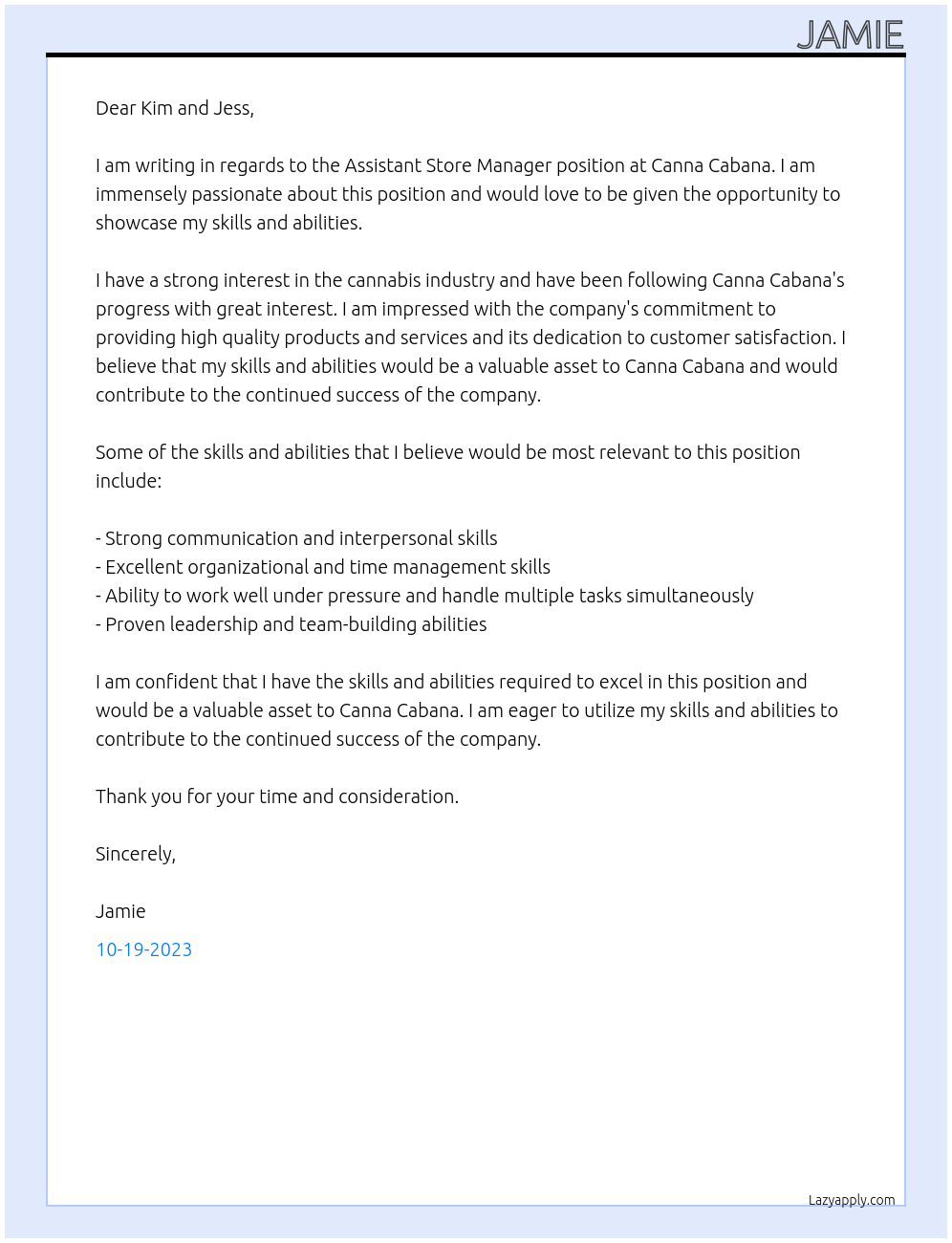 Assistant Store Manager At Canna Cabana Cover Letter