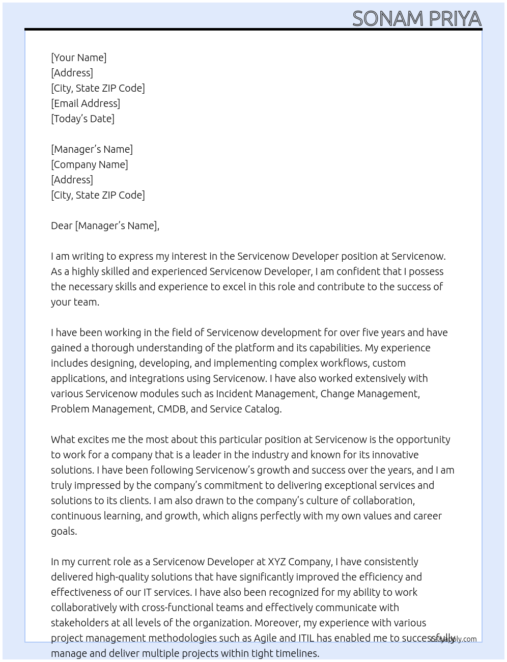 Servicenow developer At Servicenow Cover Letter