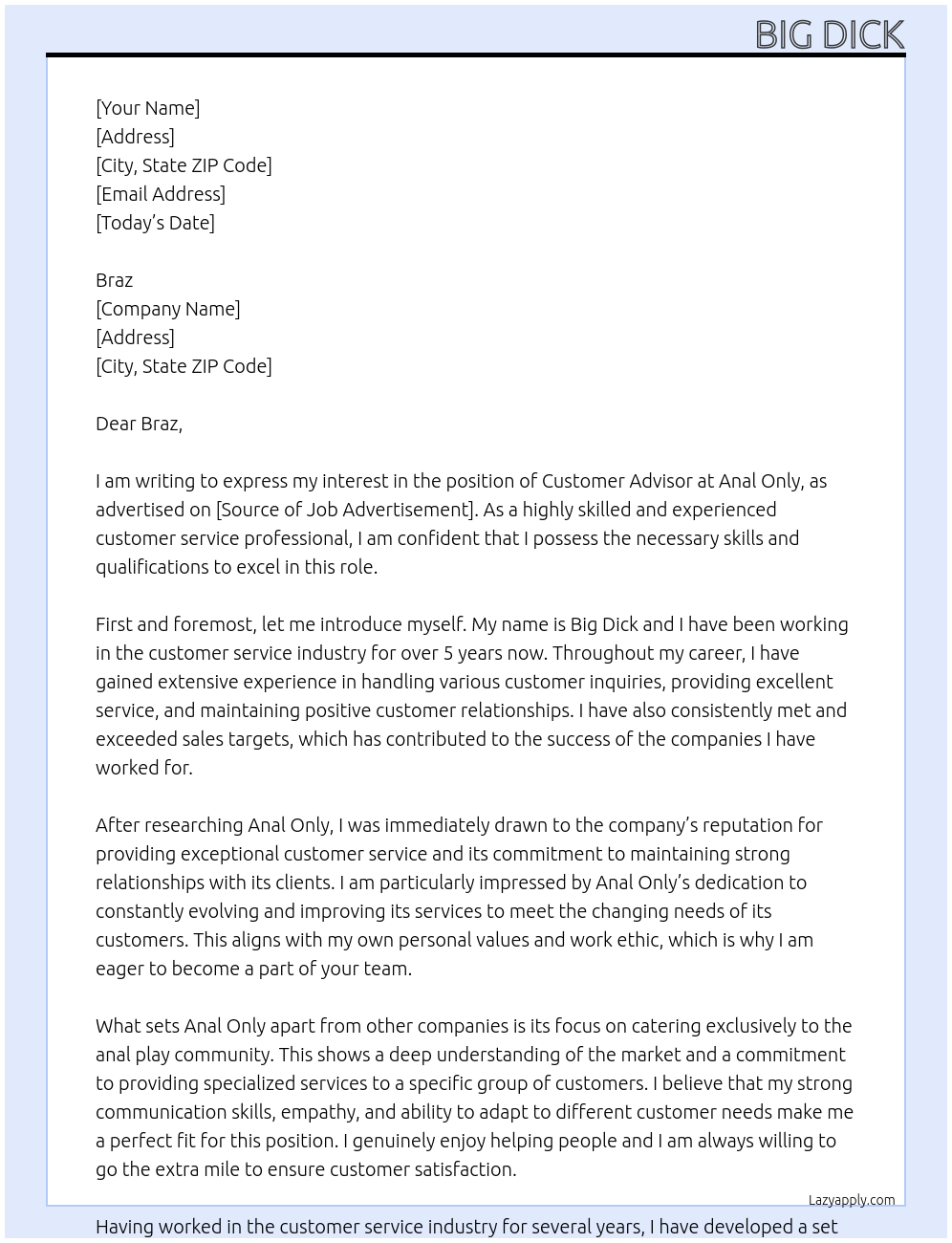 Customer Advisor At Anal only Cover Letter