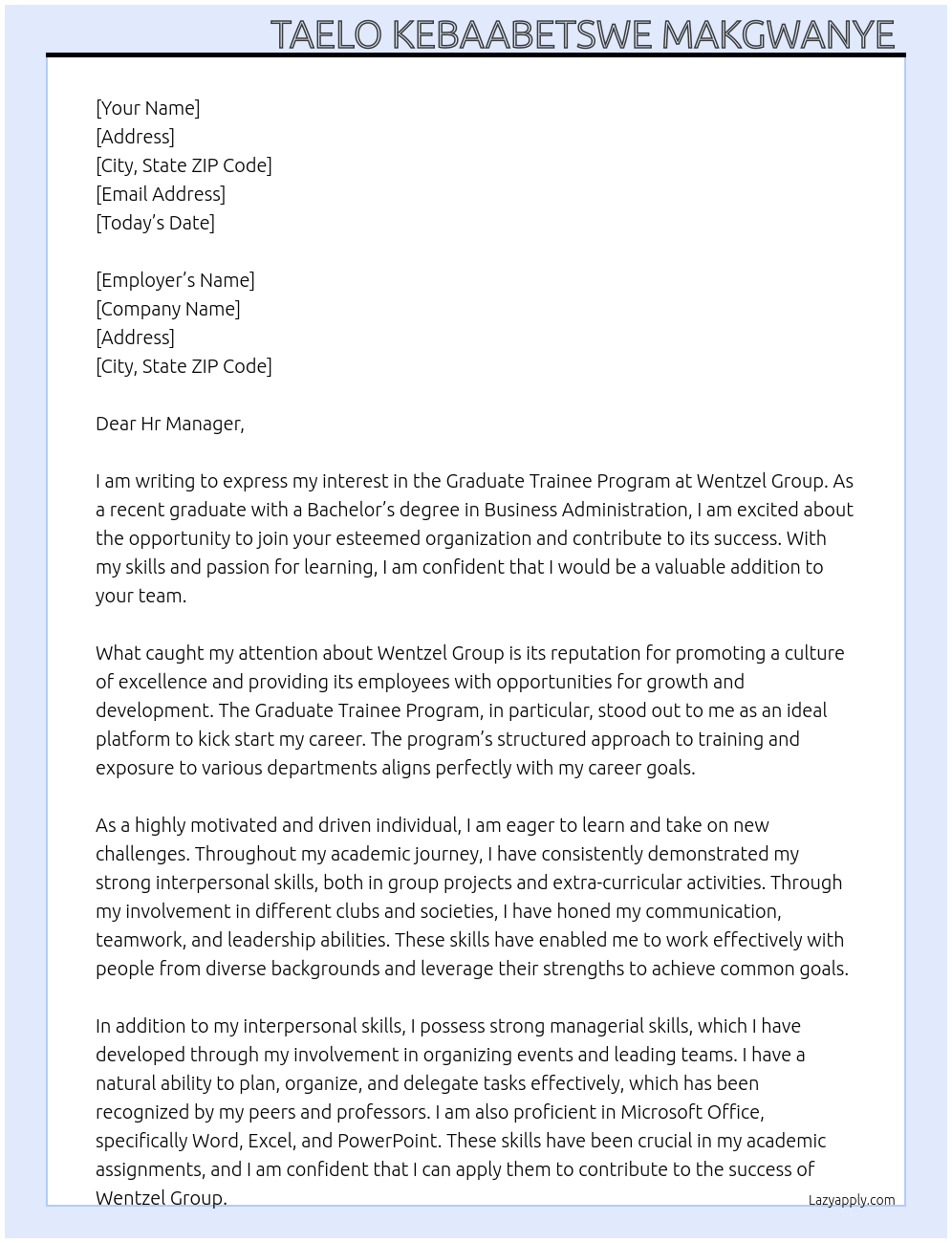Graduate Trainee Program At Wentzel Group Cover Letter