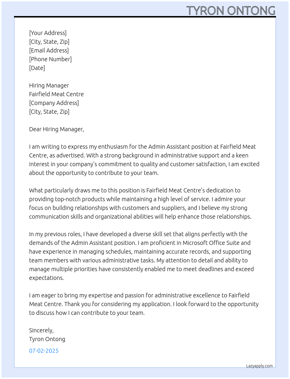 Admin Assistant At Fairfield Meat Centre Cover Letter