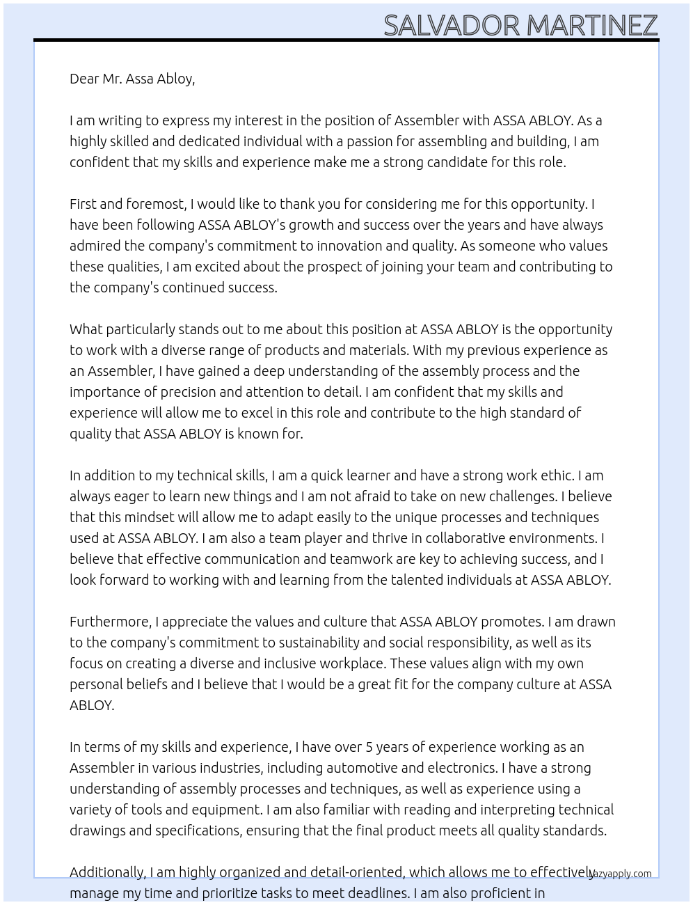 Assembler At ASSA ABLOY Cover Letter