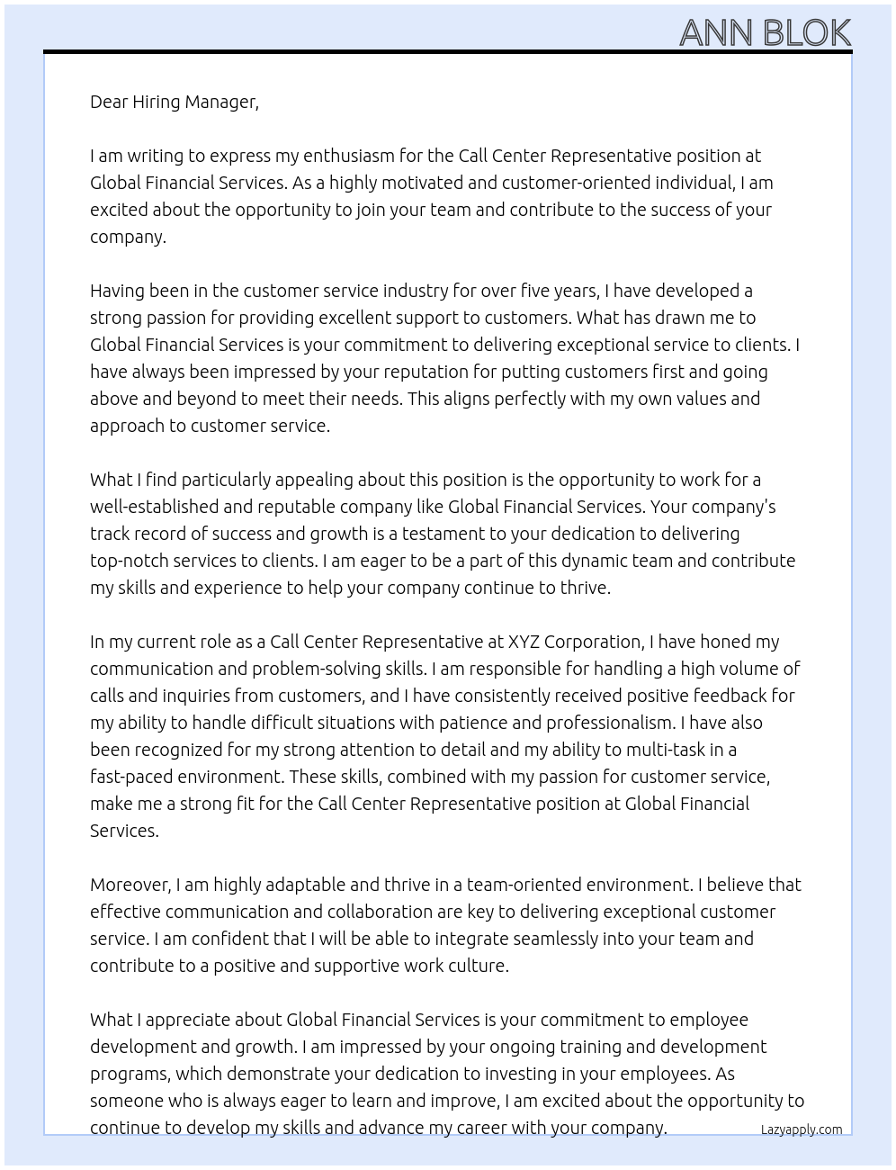 Call Center Representative At Global Financial Services Cover Letter