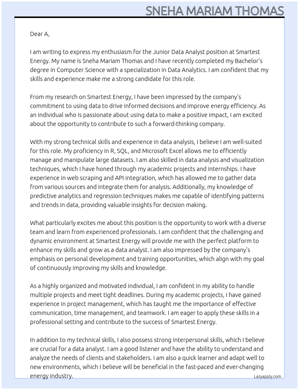 Junior Data Analyst At Smartest Energy Cover Letter