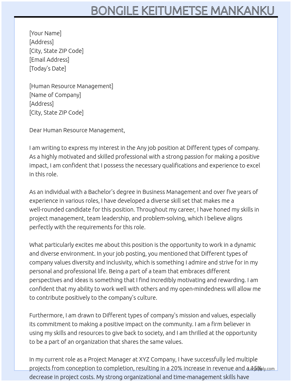 Any job At Different types of company  Cover Letter