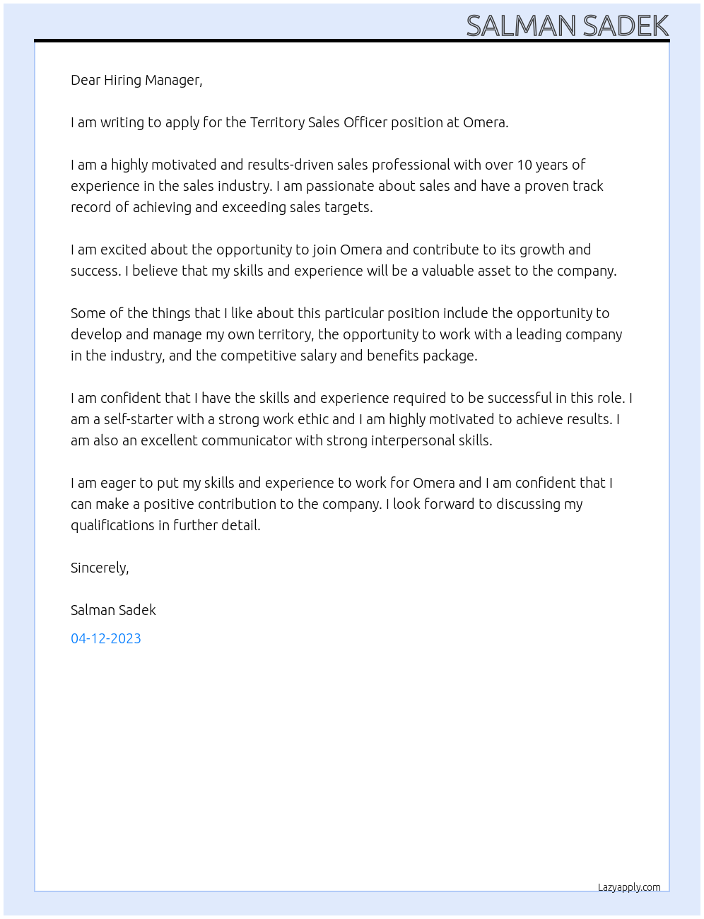 Territory Sales Officer At Omera Cover Letter